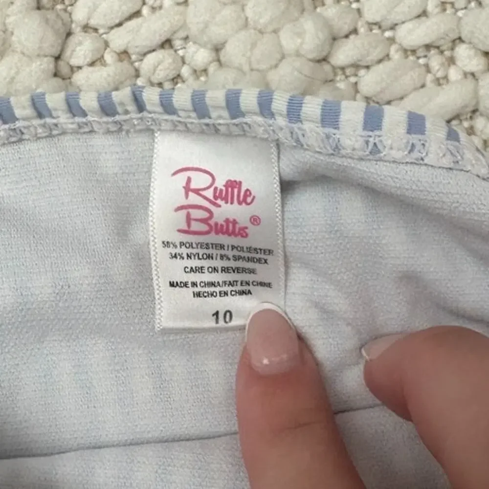 Girls Ruffle Butts Blue & White Ruffle Pinstriped 2 Piece Swimsuit Size 10